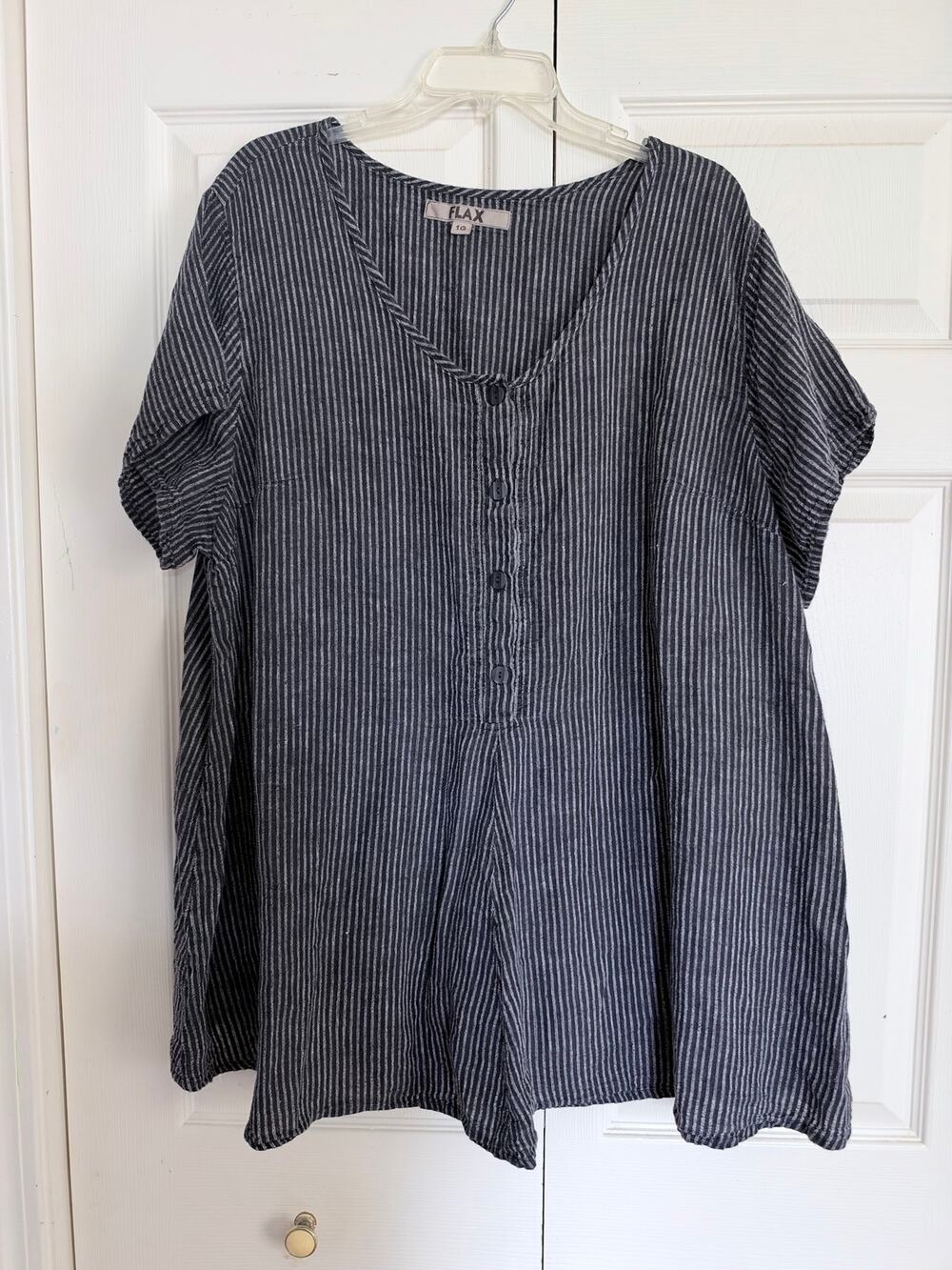 Flax 100% Linen Black Gray Vertical Stripe V-Neck Half Button Top Tunic 1G 1X